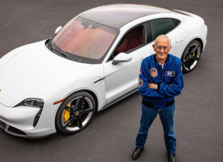 Apollo 16 Pilot Charlie Duke drives a Porsche Taycan