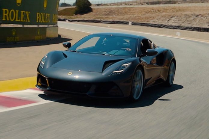 Lotus Emira arrives in the USA with F1 legend Jenson Button at the wheel for thrilling Laguna Seca film