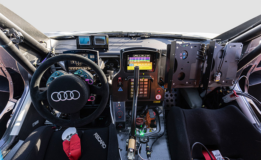 cockpit of the Audi RS Q e-tron for the Dakar Rally
